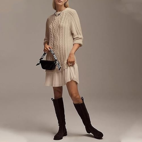 Women Crewneck Cable Knit Sweater Mini Dress, Fall Sweater Dresses with Pleated Skirt, Patchwork Sweaterdress3