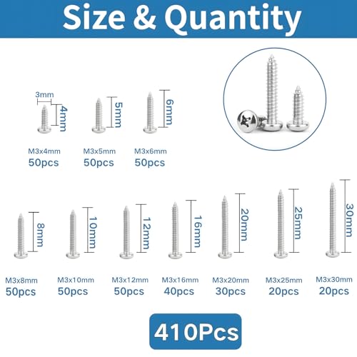 Tornillos autorroscantes M3 cabeza redonda acero inoxidable 410 pcs miniatura 2