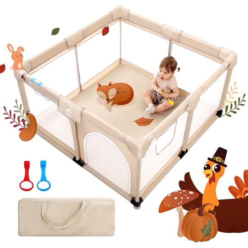 Image of Baby Playpen, (50x50x27inch) Large Playpen for Babies and Toddlers, Sturdy Safety Play Yard for Infant, Indoor & Outdoor Play Pen with Gate, Baby Fence with Soft Breathable Mesh, Hand Rings