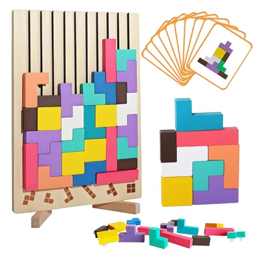 KINDLUME Puzzle en Bois, Blocs Géométriques à Empiler, Puzzle Bois avec Cartes Modèles, Jeu de Construction, Idée Cadeau Originale pour la Maison