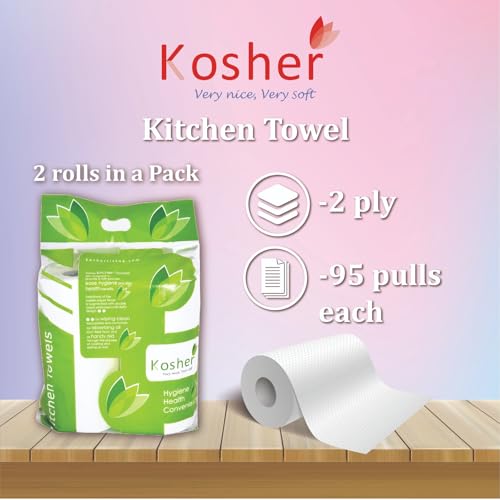 Image of Kosher Kitchen Tissue Paper Roll | 540 Pulls | 90 Pulls Each X 6 Rolls | Strong & Super Absorbent 2-Ply Kitchen Roll | High Wet Strength | Flower Embossed for Absorption | (Combo of 3- Total 6 Rolls)
