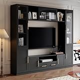 Entertainment Wall Unit, 4-Piece Large TV Stand Wall Unit Entertainment Center with Bookshelves & Storage, Wall Media Center with Shelves for TVs Up to 70', Media Console for Living Room Black