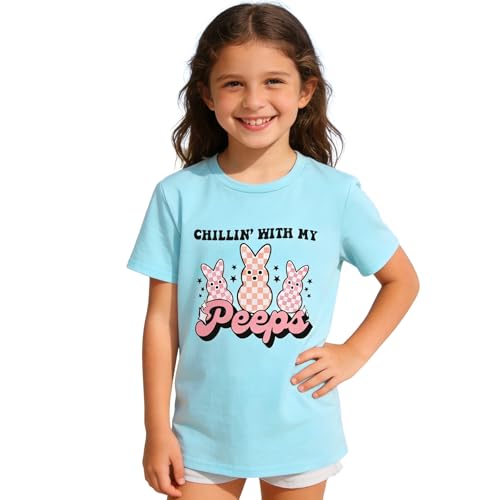Image of CM C&M WODRO Kid Girl Easter Bunny T-Shirt Chillin' with My Peeps Shirt Short Sleeve Funny Happy Easter Graphic Tees Tops