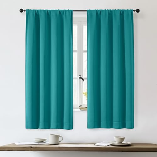 OWENIE Sally Blackout Curtains for Bedroom 63 Inch Length 2 Panels Set, Solid Thermal Insulated Room Darkening Rod Pocket Privacy Window Treatment Curtains Blackout Drapes, W40 x L63 Inch, Teal