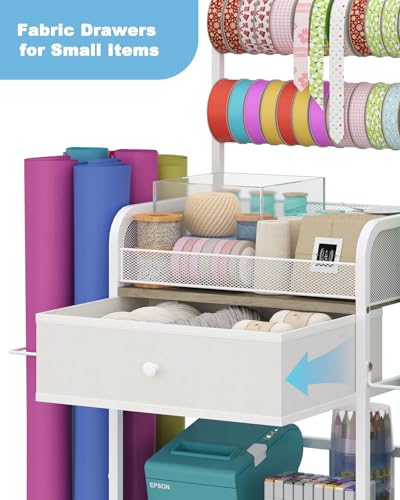 Image of Rsaayekkt Rolling Wrapping Paper Storage Cart with Fabric Drawer White | Vertical gift wrapping organizer storage, fits 12x12 scrapbook paper, heavy duty craft cart with wheels, space saving station