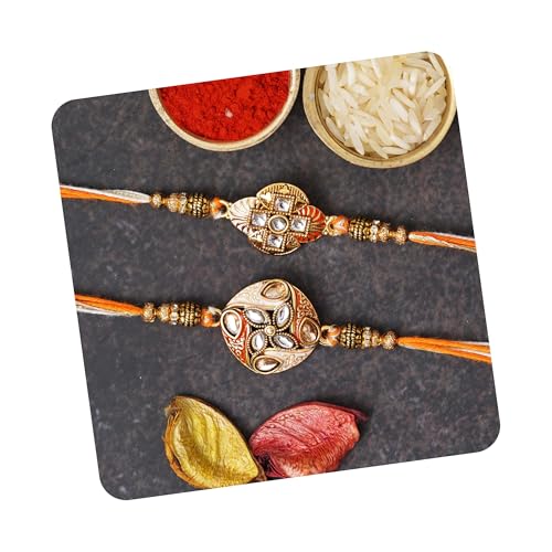 Image of eCraftIndia Multicolor Set of 2 Om Symbol and Peacock Designer Religious Rakhis with Roli Chawal Pack