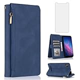 Asuwish Compatible with Cloud Mobile Stratus C7 Wallet Case Tempered Glass Screen Protector Zipper Wrist Strap Retro Leather Flip Cover Card Holder Stand Cell Accessories for C_7 C 7 Women Men Blue