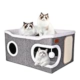 Extra Large Cat Beds for Indoor Cats, Covered Cat Cave Beds & Furniture with Scratch Pad and Fluffy Ball, Foldable Condo Hideaway with Reversible Cushion for Multi Small Pet Large Kittens, Grey
