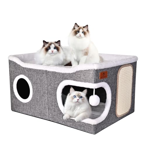 Extra Large Cat Beds for Indoor Cats, Covered Cat Cave Beds & Furniture with Scratch Pad and Fluffy Ball, Foldable Condo Hideaway with Reversible Cushion for Multi Small Pet Large Kittens