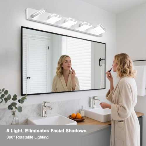 Image of LED Modern Bathroom Vanity Light Fixtures, Dimmable White Vanity Lights for Bathroom Lighting Fixtures Over Mirror, with 360 Rotatable Acrylic Heads 5-Light 36-inch (Cool White 6000K)