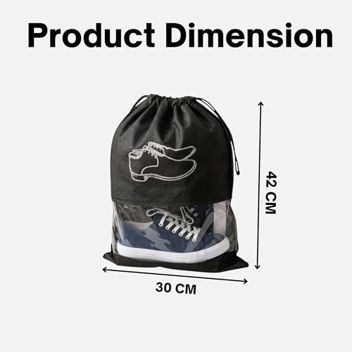 Image of Hian Black Shoe Storage Bags with Transparent Window & Drawstring Closure - Non-Woven Travel Footwear Organizer, Dustproof Reusable Shoe Covers for Luggage, Closet & Gym Use - Pack of 6