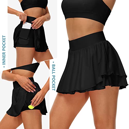Image of UrKeuf Women's Athletic Tennis Skirts with Pockets 13in Ruffle Golf Running Workout Ice Silk Flowy Skorts with Sports Shorts