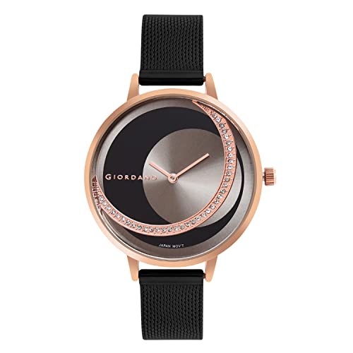 Image of Giordano Black Analogue Watch for Women with Rose Gold Case and Black Stylish Mesh Band Ladies Wrist Watch with Studds on Dial to Complement Your Party Look, Gift for Women