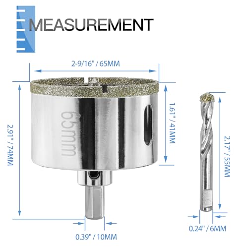 Image of 2-9 /16 inch / 65mm Diamond Hole Saw with Center Drill Bit, Jamiikury Glass Hole Saw Tile Hole Saw Glass Hole Cutter for Ceramic Glass Tile Porcelain Marble