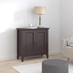 Simplihome amherst solid wood 32 inch wide transitional low storage cabinet in hickory brown for the living room entryway and family room  urban country home decor