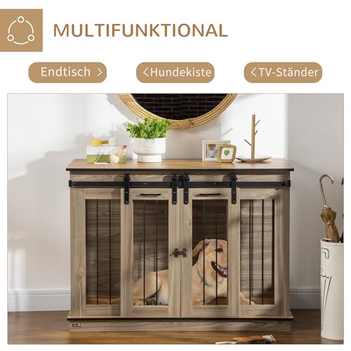 PawHut Hundekäfig, Hundehütte mit Zweiraum-Option, Haustierkäfig mit Doppeltüren, Hundebox, Hundehaus für Mittelegroße Hunde, 120 x 60 x 88,5 cm, Eiche
