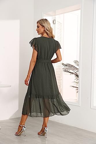 Image of VintageClothing Womens Sundress Casual Floral Summer Boho Dress | Flowy Wrap V Neck Ruffle A-Line Pleated Hem Midi Dresses