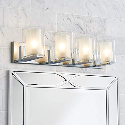 Best Cyber Deals 🔥 Bestier Modern Bath Bathroom Vanity Wall Mounted Light 4-Light Dual Glass Shade Chrome Wall Sconce 4 E26 LED Bulbs Required Length 31.5 inch Width 5.9 inch Height 6.7 inch