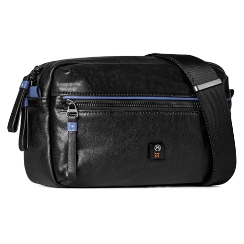 Men's Leather Crossbody Bag 3L, Black with Blue Stripes, Adjustable Nylon Strap & Multi-Pocket2