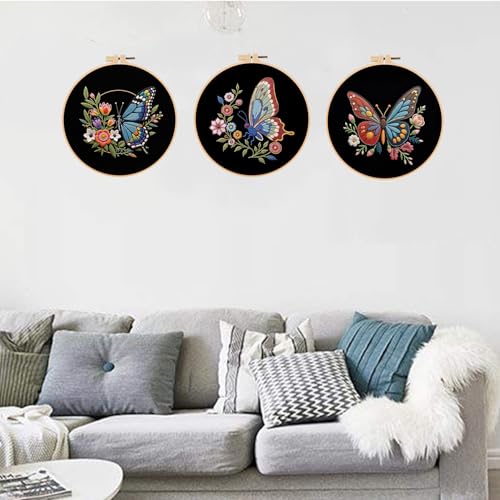Image of Konrisa Flower Butterfly Embroidery Kits for Adults, Stamped Embroidery Starter Kit with Hoop,DIY Sewing Needlepoint Cross Stitch Kit, Set of 3