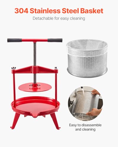 Image of VEVOR 2.38 Gal /9L Fruit Wine Press, Stainless Steel Basket with Cross-beam and Triangular Structure, Manual Juice Maker, Cider Apple Grape Tincture Making Press with T-Handle for Kitchen Home