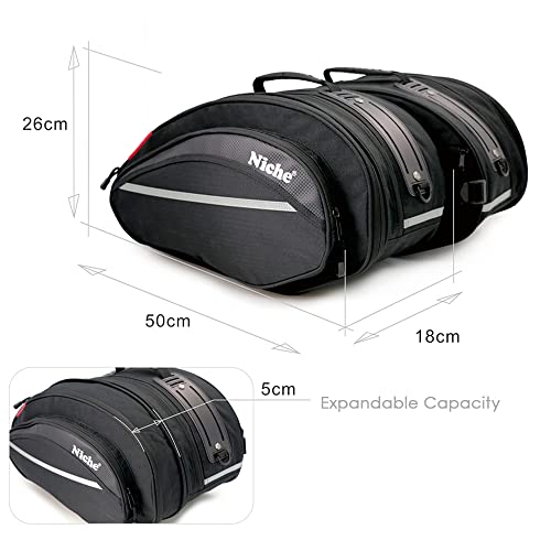 Alforjas laterales para motocicleta Niche, 58 L expandibles, impermeables, con cubierta para lluvia fluorescente y franjas reflectantes, compatibles universalmente con motos deportivas y de carretera (NMO-2206) miniatura 5