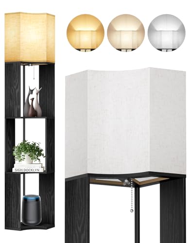 OUTON Lampada da terra con 3 ripiani,piantana design moderno con ripiano in legno, libreria alta a 3 temperature di colore, LED lettura regolabile – Salotto, Camera, Ufficio (Nero)