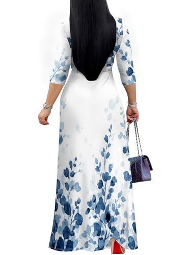 Image of Plus Size Dresses for Women Print Maxi Dresses 3 /4 Sleeve with Belt