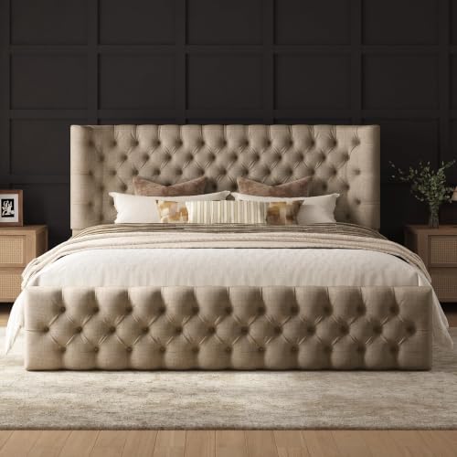 Image of AMERLIFE King Upholstered Bed with Headboard, Wingback, Khaki Linen
