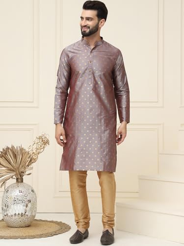 Image of SOJANYA (Since 1958 Men's Silk Blend Booti Kurta with Gold Churidaar Pyjama