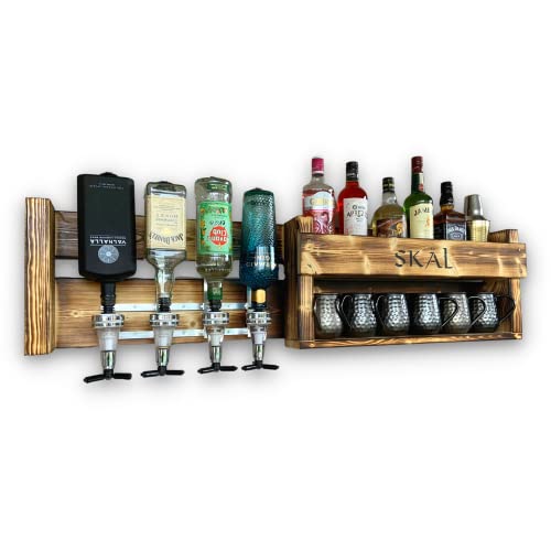 Étagère murale Viking en bois avec distributeur de boissons - Bar personnalisé avec nom - Compartiment pour verres & porte-bouteilles - 118x30cm Grand, Vintage flammé