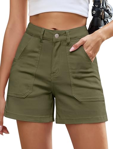 Eddoyee Women Stretchy Shorts High Waisted Cotton Shorts Summer Casual Chino Shorts with Pockets Trendy(Green Medium)