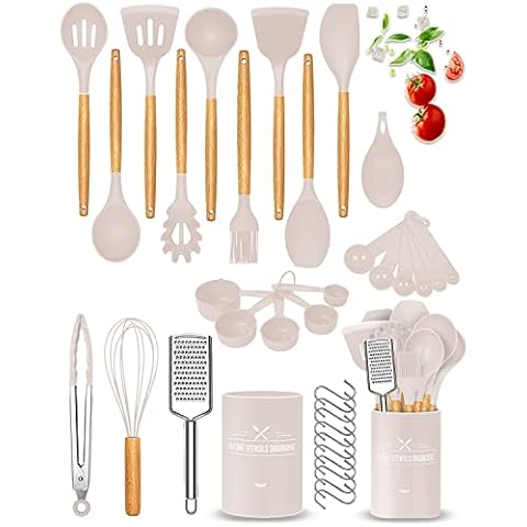 Silicone Cooking Utensils Set,Raincol 34 Pieces Kitchen Utensils Spatula Set with Holder,Wooden Handles,Non-Stick Best Kitchen Helper,Grater for Cookware (Khaki) Cover