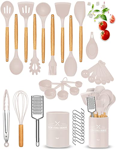 34 Piezas de Utensilios de Cocina de Silicona,juego de Utensilios de Cocina de Silicona Resistente al Calor,Antiadherente y Resistente a los Arañazos,Con Mango de Silicona Para Alimentos,sin BPA-Caqui