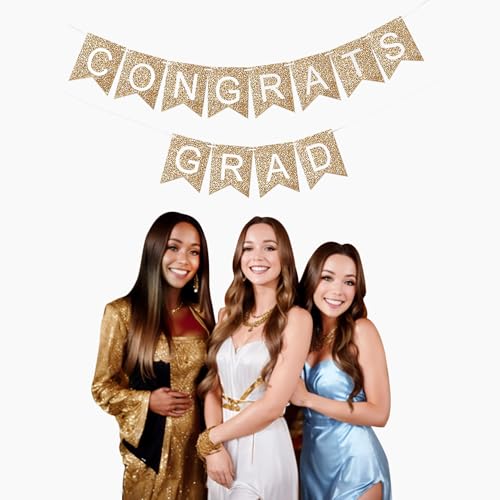 Image of Graduation Decorations 2026, Congrats Grad Banner for Congratulations Graduate Graduation Party - Set of 2 White and Gold Glitter Garlands Sign Hanging Decor for Wall Door Porch, Pre-strung No DIY