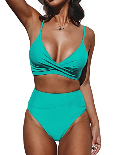 CUPSHE - Conjunto de bikini de dos piezas con parte inferior de tiro alto y parte superior con cuello en V, frente fruncido y...