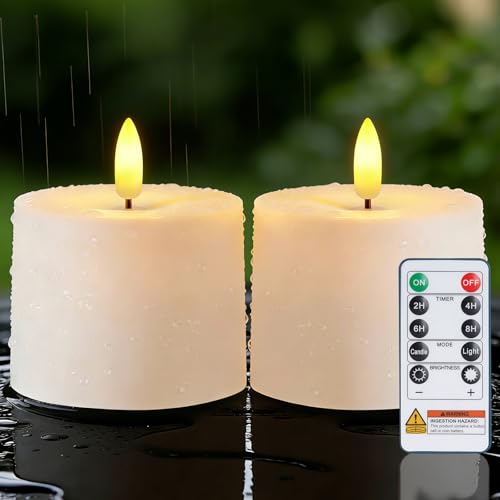 Image of Raycare 3 inchx2.5 inch White Outdoor Waterproof Flameless Candles with Remote and Timer, Realistic LED Candles, Battery Operated Electric Fake Pillar Candles for Porch, Patio, Garden, Set of 2