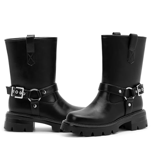 Women's Chunky Heel Round Toe Mid Calf Boots Buckle Strap Platform Biker Boots2
