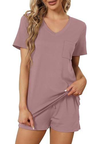 Image of RUBZOOF Women's Short Sleeve Pajama Sets with Pockets Casual V Neck 2 Piece Lounge Sets S-3XL