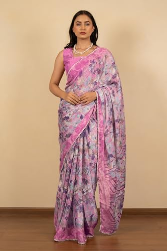 Image of MIRCHI FASHION Women Saree Floral Print Chiffon | Lightweight Festive Occasion Sari for Farewell and Functions with Unstitched Blouse Piece