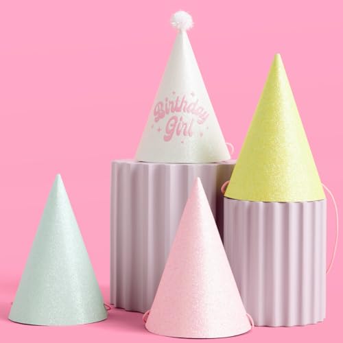xo, Fetti Birthday Party Hats - Fits Adult + Child - Pastel Rainbow Bday Party, Glitter Birthday Girl, Magical, Paper Party Crowns,