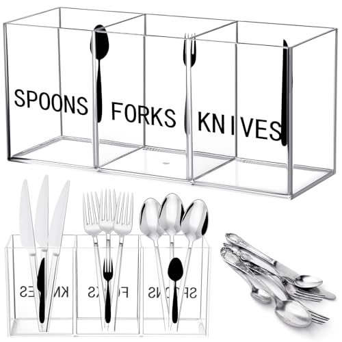 Suzile Acrylic Cutlery Storage Organizer Plastic Utensil Holder Clear Silverware Organizer 3 Section Tableware Storage Box Countertop Fork Spoon Knife Holder Party Flatware Caddy for Kitchen Storage