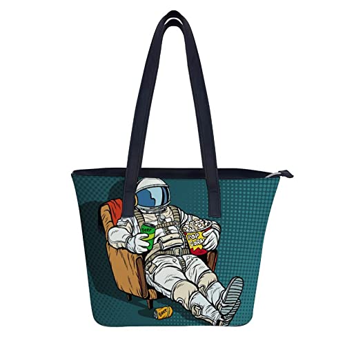 KUKUKA Bolso De Hombro Audiencia Cosmonauta Con Cerveza Y Palomitas De Maíz Bolso De Mano De Cuero Para Mujer