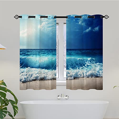 Anhope Beach Curtains, Ocean Tropical Summer Hawaiian Blue Sea Waves Scenery Print Pattern Waterproof Grommet Window Drapes For Bedroom Kitchen Bathroom Window Small Closet Cafe 2 Panels W27.5 X L39 #TOP2