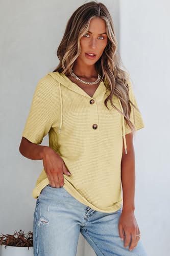 Image of Dokotoo Womens Summer Tops Waffle Knit Short Sleeve Lightweight Drawstring Hoodies Button V Neck Casual Blouses Shirts