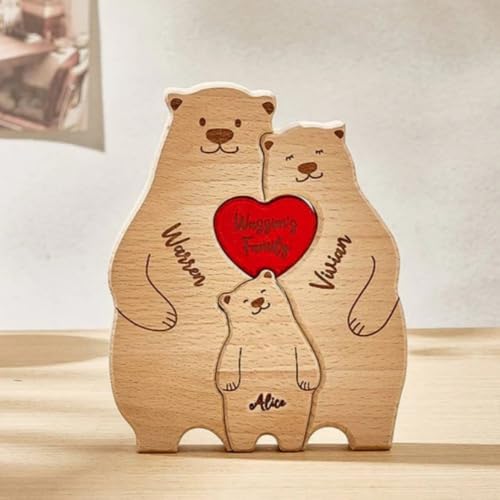 VEELU Personalisiertes Holzkunstpuzzle der Bärenfamilie mit 2-6 Namen| Holz Bär Skulpturen Desktop Ornament Home Tischdekoration, Geschenk für Familie, Muttervatertag Geburtstag