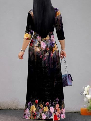 Image of SUZONANA Plus Size Dresses for Women Floral Print Maxi Dress Flowy 3 /4 Sleeve with Belt