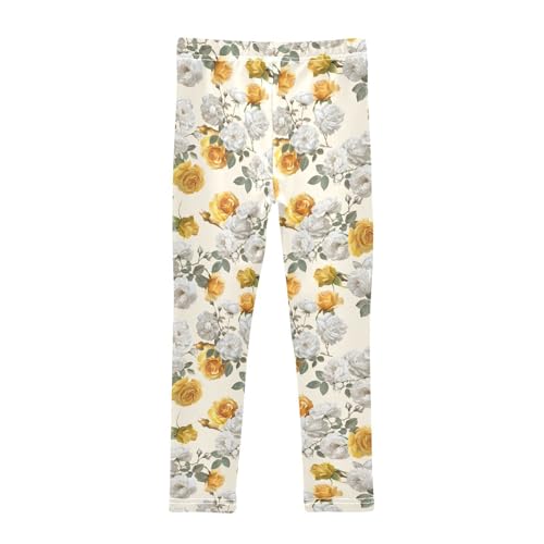 White and Yellow Flowers Girls Leggings,Workout Leggings for Girls Toddler Athletic Leggings Size for 3-10T2