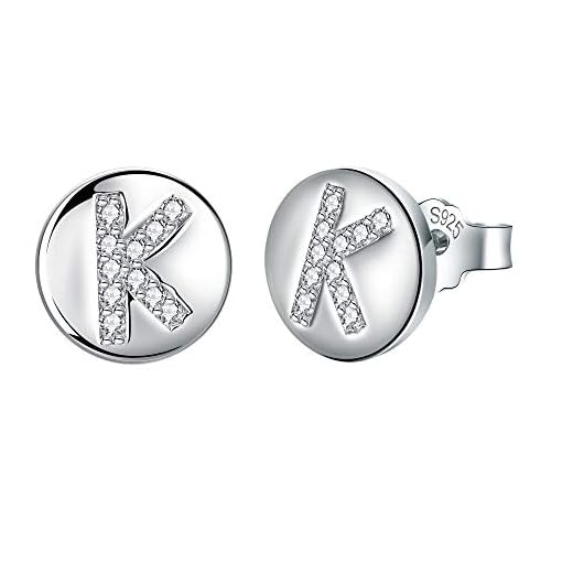 J.Endéar Pendientes Mujer Forma de Inicial K, Plata de Ley 925 con Zirconia Cúbico Alfabeto Pequeño Disco Redondo para Joyería