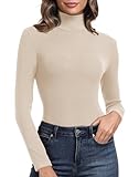 PALINDA Women's Ribbed Turtleneck Fitted Long Sleeve Shirts Basic Thermal Layering Tops(Beige S)